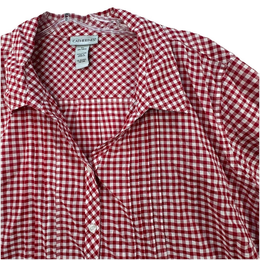 Catherines Button Up Shirt Womens 3X Plus Red Checker Plaid 3/4 Sleeve Light